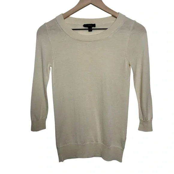 J CREW Sweater Women 3/4 Sleeve 100% Merino Wool Knit Cream Sz XXS Minimalist - Picture 1 of 9
